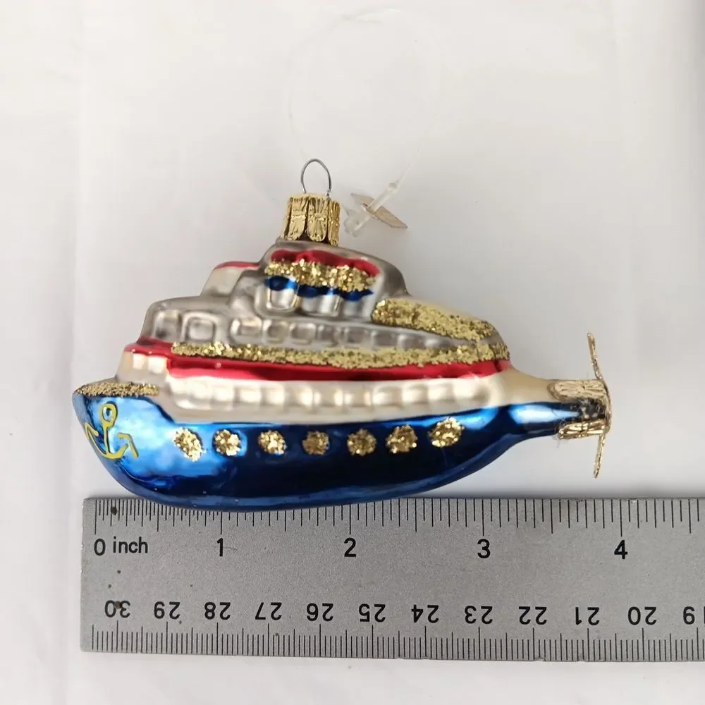 Discovery Channel Blown Glass Ornament Ship Yacht Glitter Christmas Tree Holiday